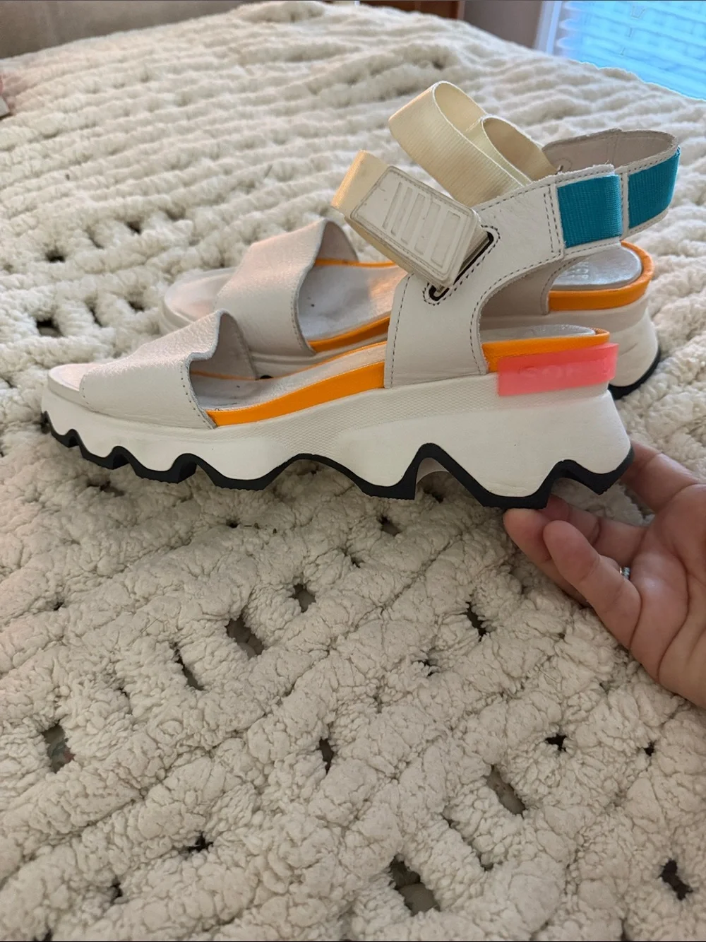 Sorel White Sandal with Orange and Teal Accents